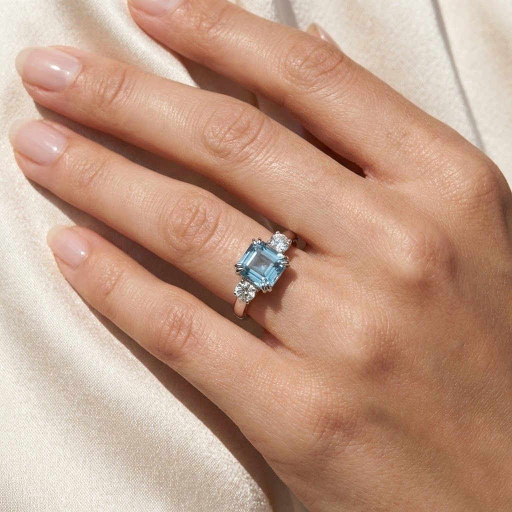 Luxuriant Lab Grown Diamond & Blue Zircon Three-Stone Emerald Cut Ring in Rhodium Overlay Sterling Silver 1.61 Ct._8502028_2