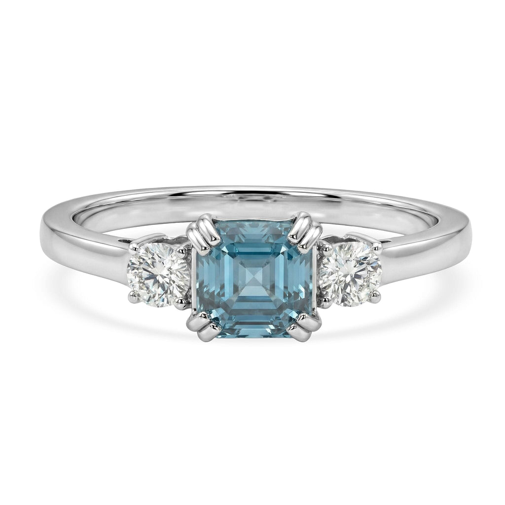 Luxuriant Lab Grown Diamond & Blue Zircon Three-Stone Emerald Cut Ring in Rhodium Overlay Sterling Silver 1.61 Ct._8502029