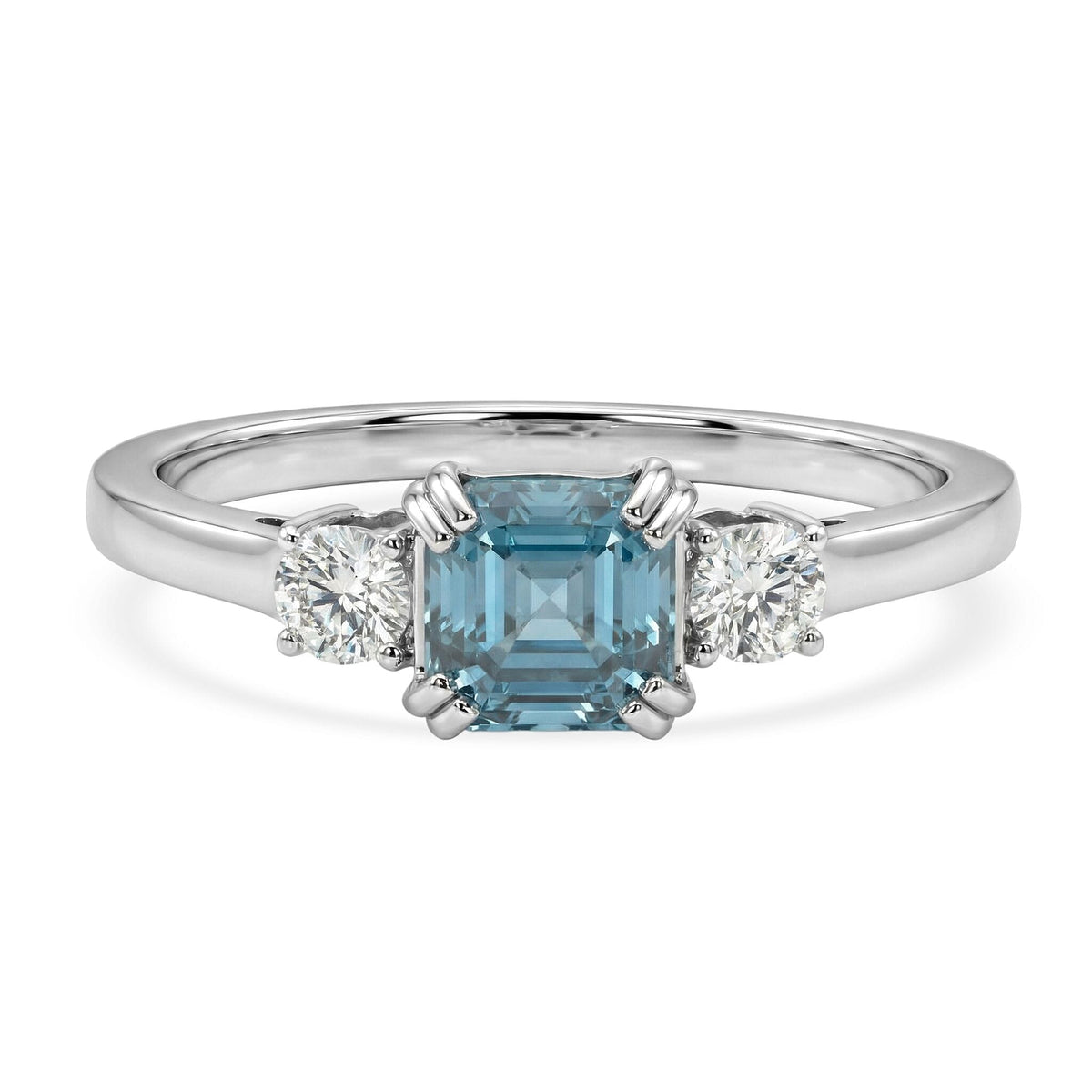 LUXURIANT Lab Grown Diamond, Blue Zircon Three-Stone Emerald-Cut Ring in Rhodium Overlay Sterling Silver 1.61 Ct. V32515738 0