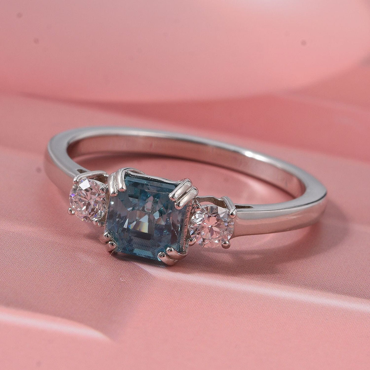 LUXURIANT Lab Grown Diamond, Blue Zircon Three-Stone Emerald-Cut Ring in Rhodium Overlay Sterling Silver 1.61 Ct. V32515738 2