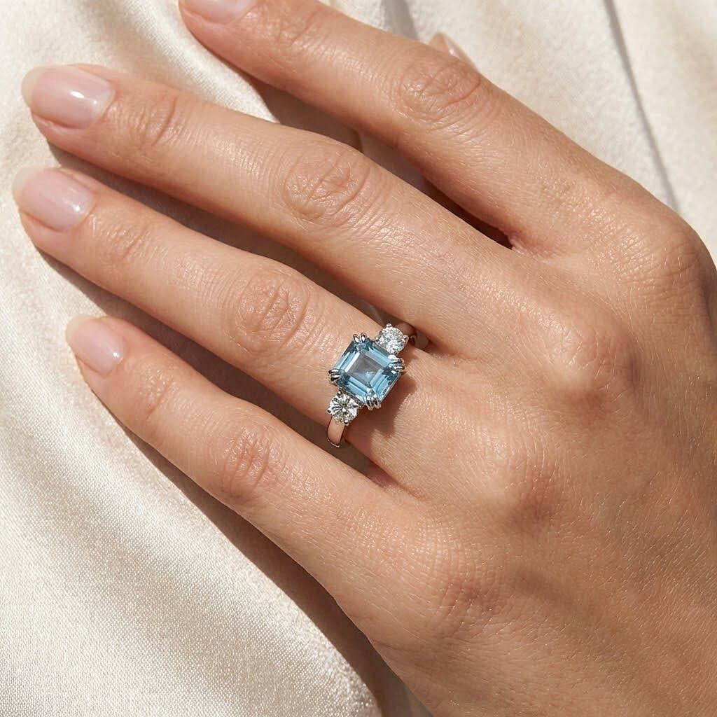 LUXURIANT Lab Grown Diamond, Blue Zircon Three-Stone Emerald-Cut Ring in Rhodium Overlay Sterling Silver 1.61 Ct. V32515738 3