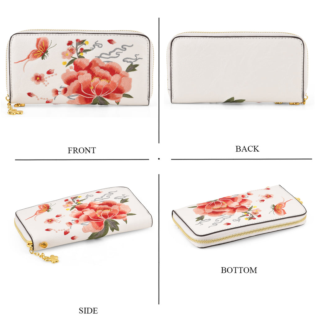 Botanical Embroidered Zip-Around Wristlet Wallet - White_8502045_4