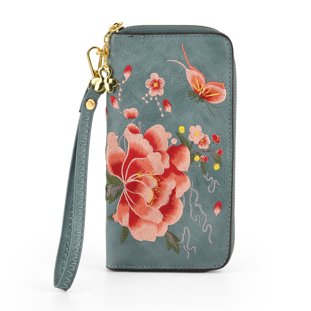 Botanical Embroidered Zip-Around Purse - Sea Blue_8502046