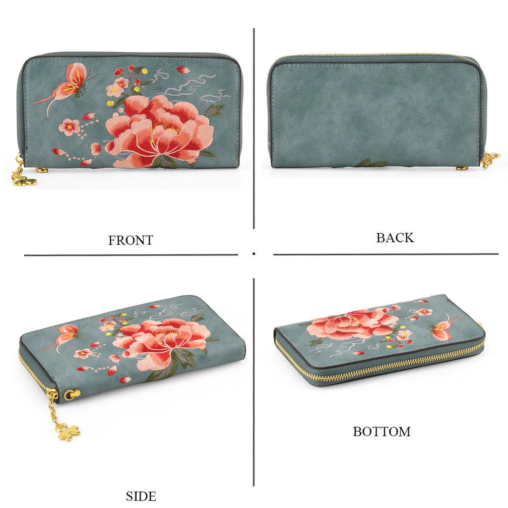 Botanical Embroidered Zip-Around Purse - Sea Blue_8502046_4
