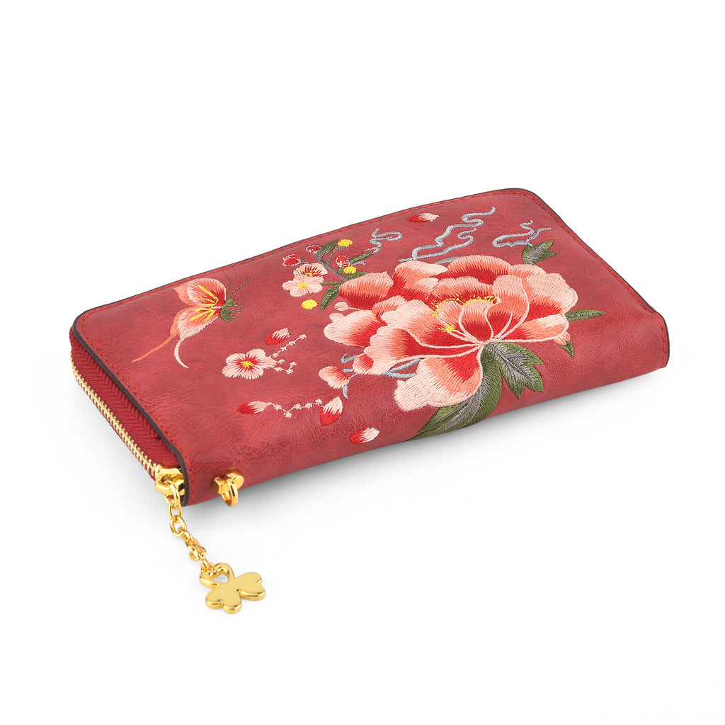 Botanical Embroidered Zip-Around Purse  - Red_8502048_7