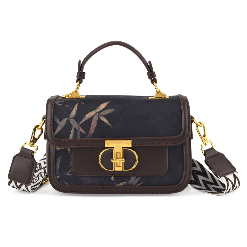 Designer Inspired Embroidered Top-Handle Satchel with Adjustable Crossbody Strap - Black & Brown_8502051