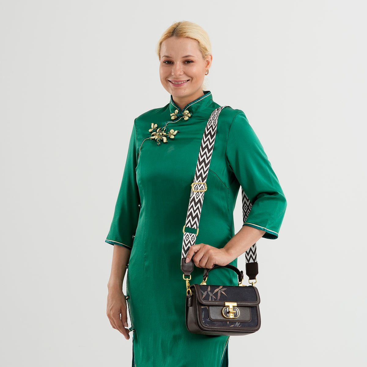 Designer Inspired Embroidered Top-Handle Satchel with Adjustable Crossbody Strap - Black &amp; Brown V32604439 2