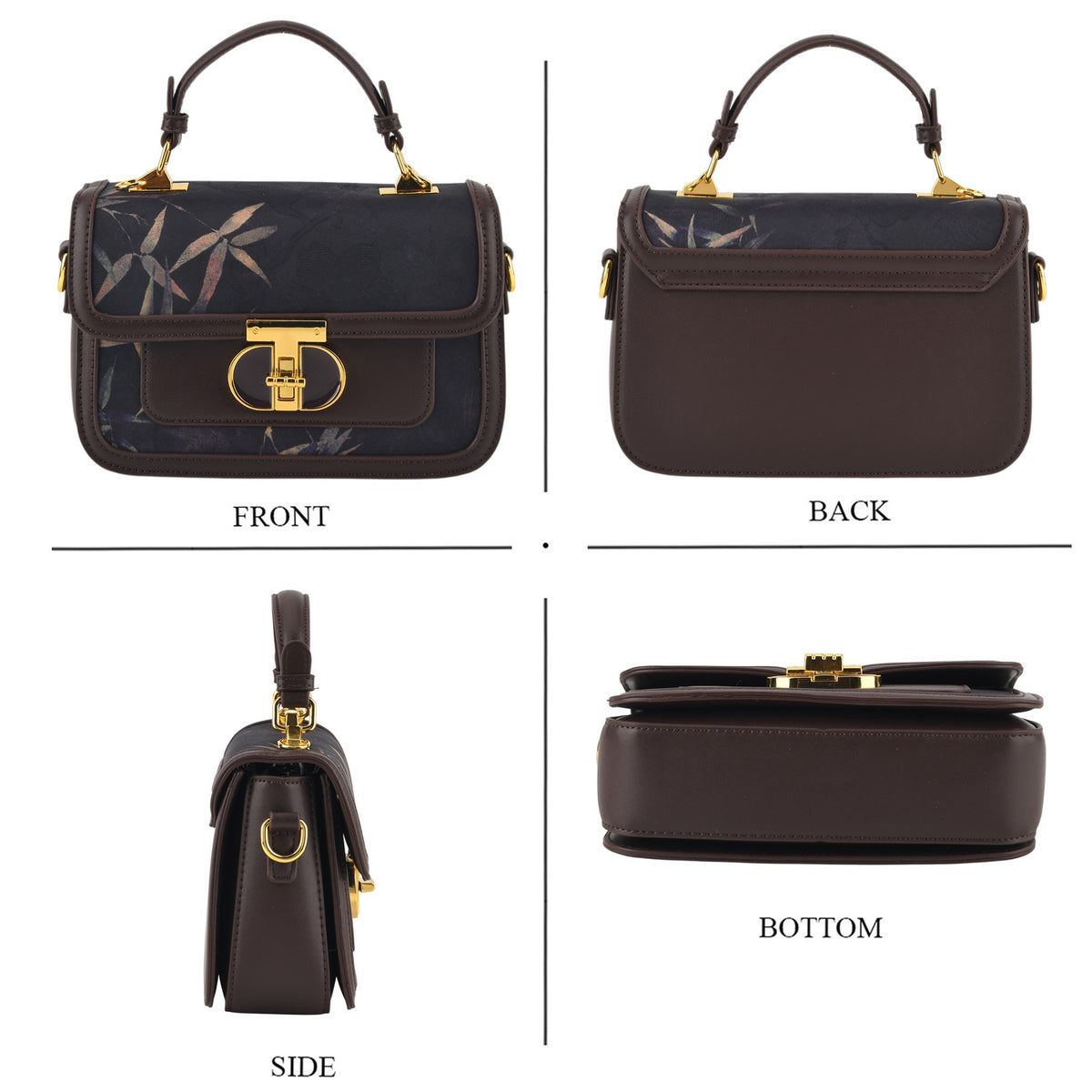 Designer Inspired Embroidered Top-Handle Satchel with Adjustable Crossbody Strap - Black &amp; Brown V32604439 4