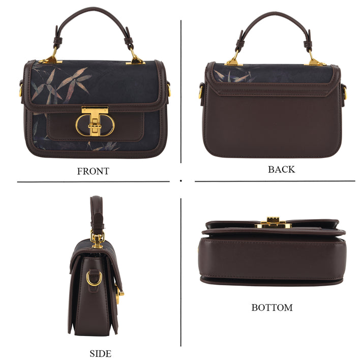 Designer Inspired Embroidered Top-Handle Satchel with Adjustable Crossbody Strap - Black &amp; Brown 8502051 2