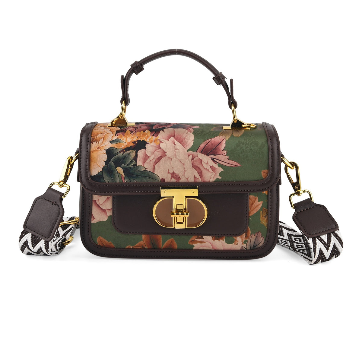 Designer Inspired Embroidered Top-Handle Satchel with Adjustable Crossbody Strap - Brown &amp; Green V32603995 0