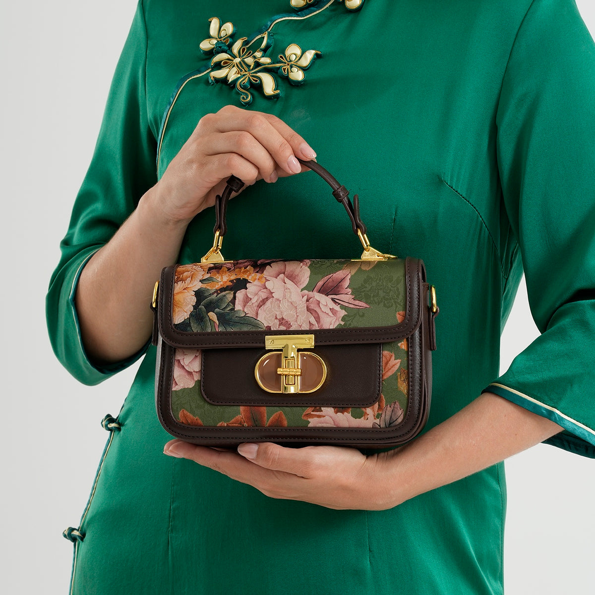 Designer Inspired Embroidered Top-Handle Satchel with Adjustable Crossbody Strap - Brown &amp; Green V32603995 3