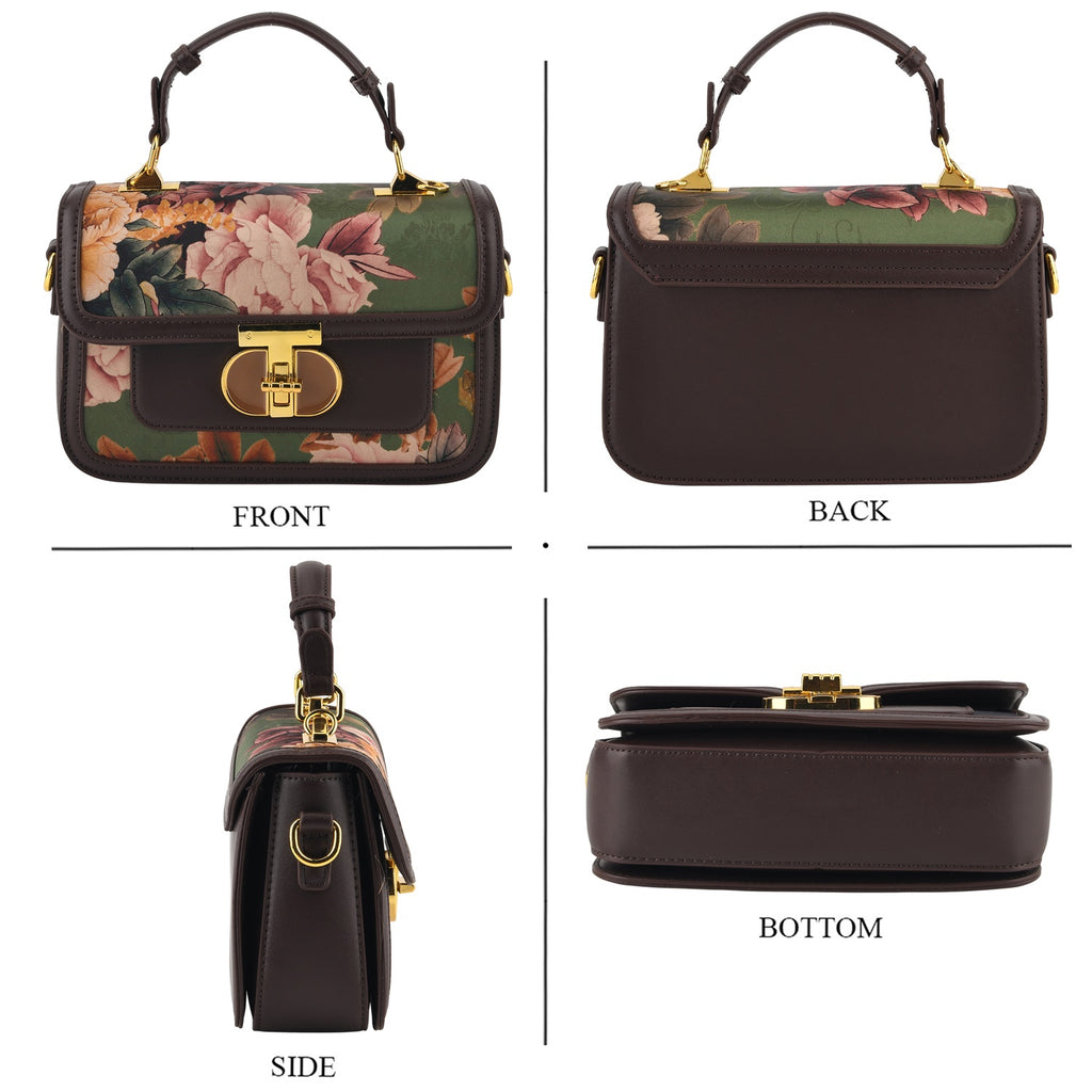 Designer Inspired Embroidered Top-Handle Satchel with Adjustable Crossbody Strap - Brown & Green_8502052_3