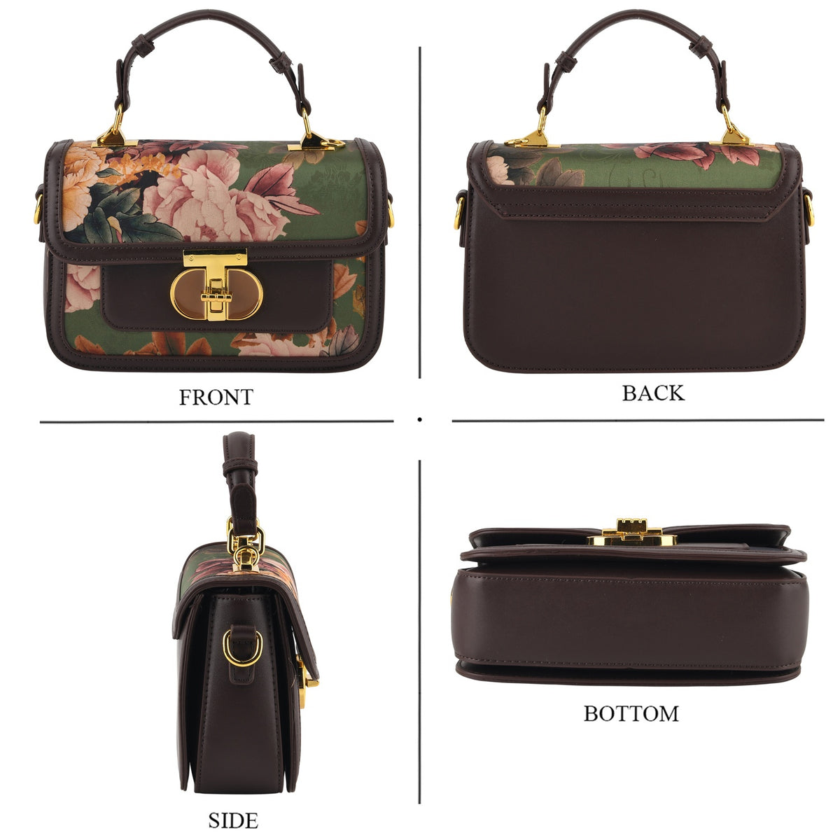 Designer Inspired Embroidered Top-Handle Satchel with Adjustable Crossbody Strap - Brown &amp; Green V32603995 4