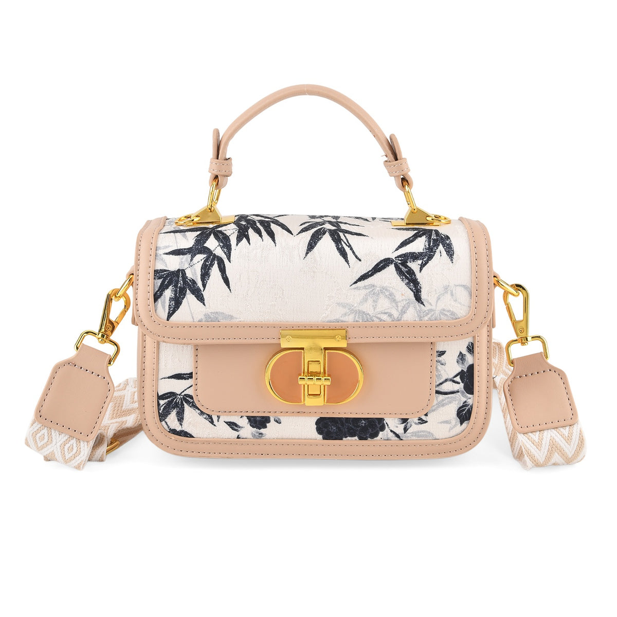 Designer Inspired Embroidered Floral Top-Handle Satchel with Adjustable Crossbody Strap - Nude V32604003 0