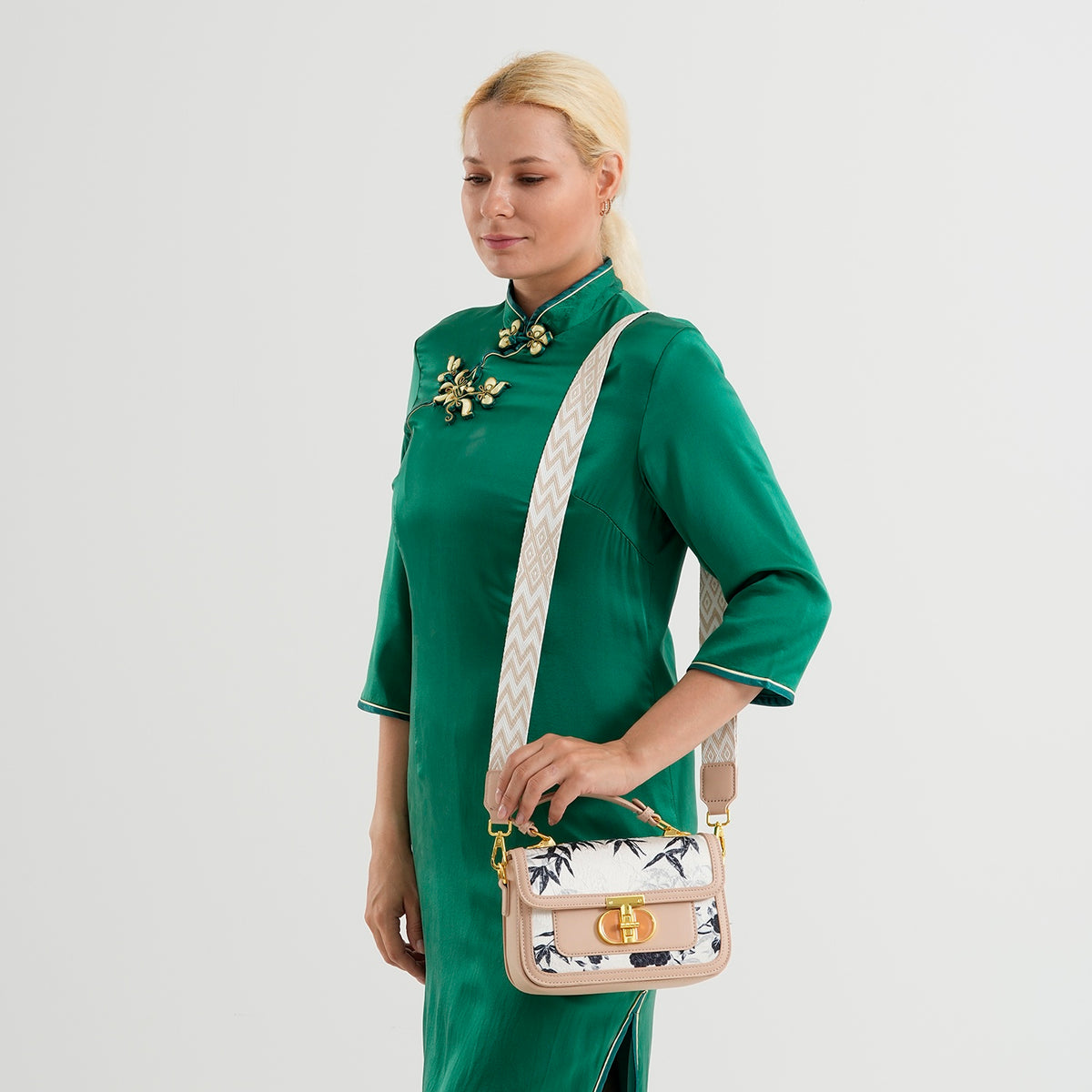 Designer Inspired Embroidered Floral Top-Handle Satchel with Adjustable Crossbody Strap - Nude V32604003 2