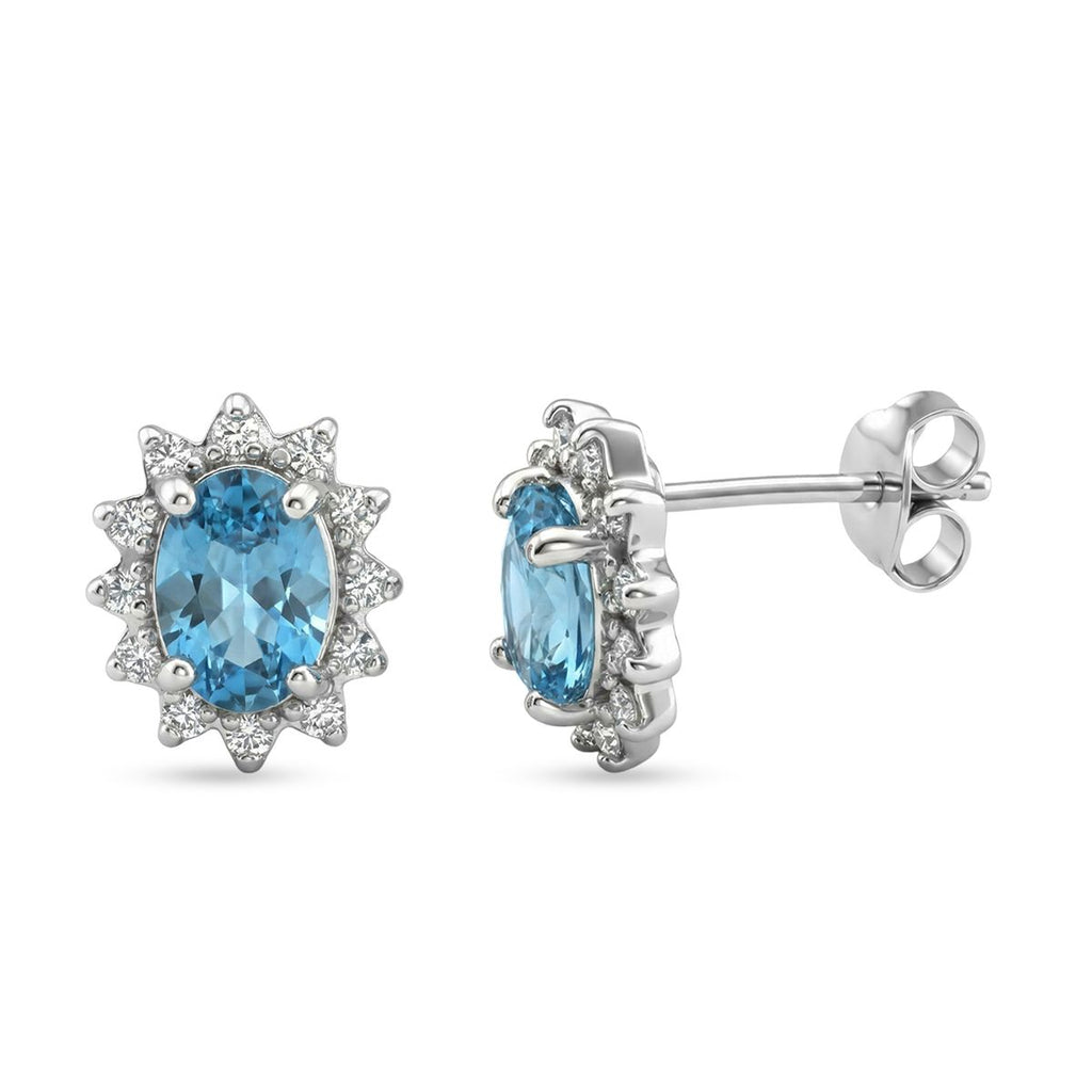 Ratanakiri Blue Zircon and Moissanite Sunburst Halo Earring with Push Back in Rhodium Overlay Sterling Silver 2.87 Ct._8502065