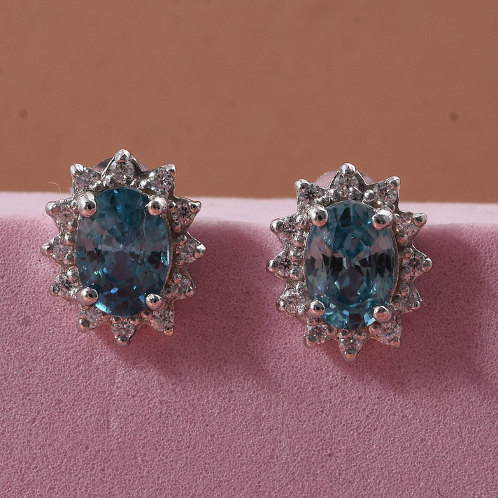 Ratanakiri Blue Zircon, Moissanite Sunburst Halo Earring with Push Back in Rhodium Overlay Sterling Silver 2.87 Ct. 8502065 2