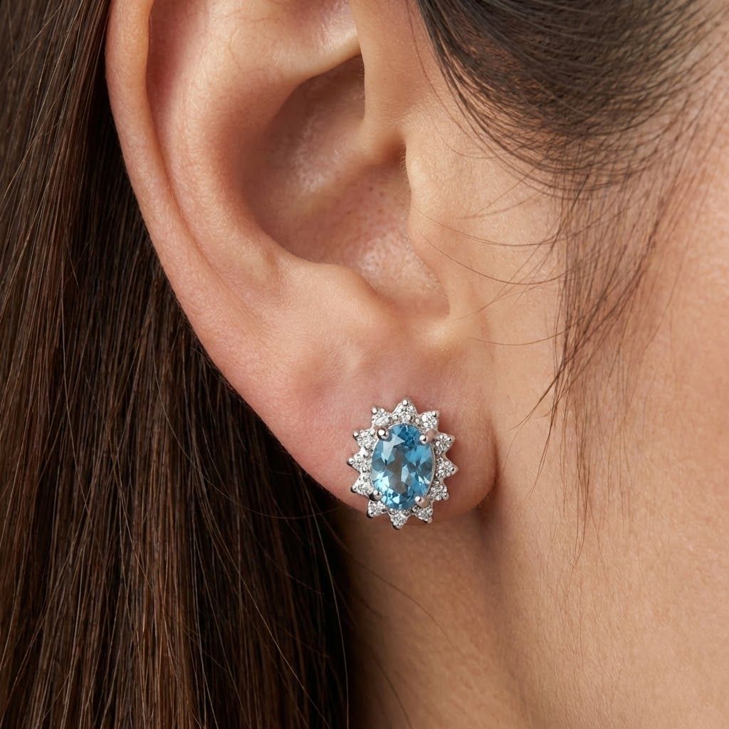 Ratanakiri Blue Zircon and Moissanite Sunburst Halo Earring with Push Back in Rhodium Overlay Sterling Silver 2.87 Ct._8502065_2