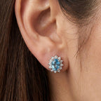 Ratanakiri Blue Zircon and Moissanite Sunburst Halo Earring with Push Back in Rhodium Overlay Sterling Silver 2.87 Ct._8502065_2