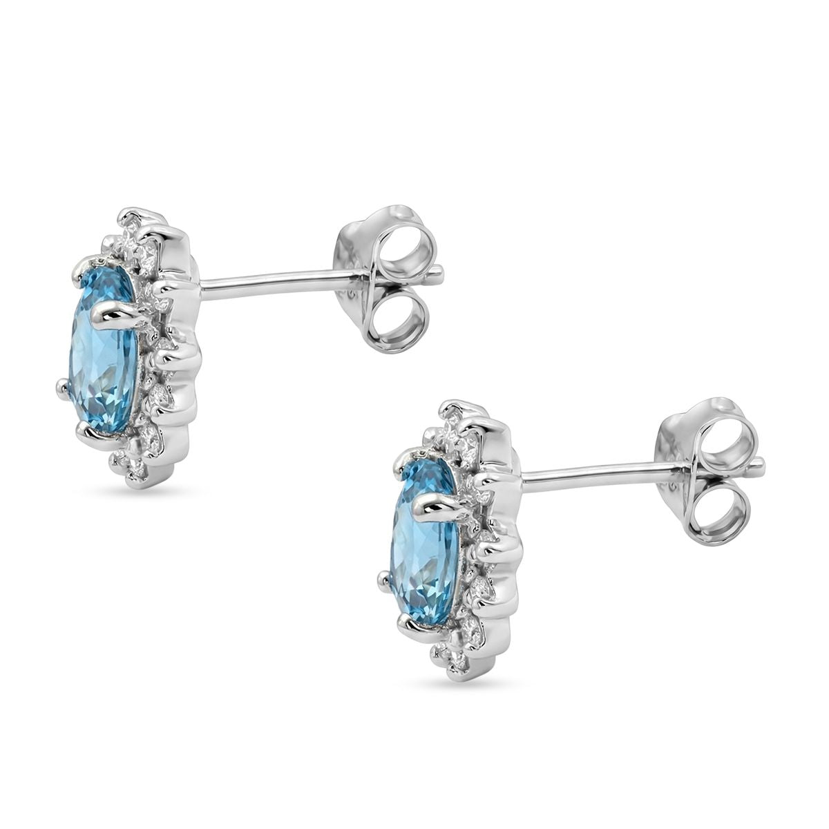 Ratanakiri Blue Zircon, Moissanite Sunburst Halo Earring with Push Back in Rhodium Overlay Sterling Silver 2.87 Ct. V32606513 4