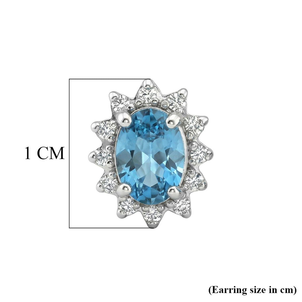 Ratanakiri Blue Zircon and Moissanite Sunburst Halo Earring with Push Back in Rhodium Overlay Sterling Silver 2.87 Ct._8502065_5