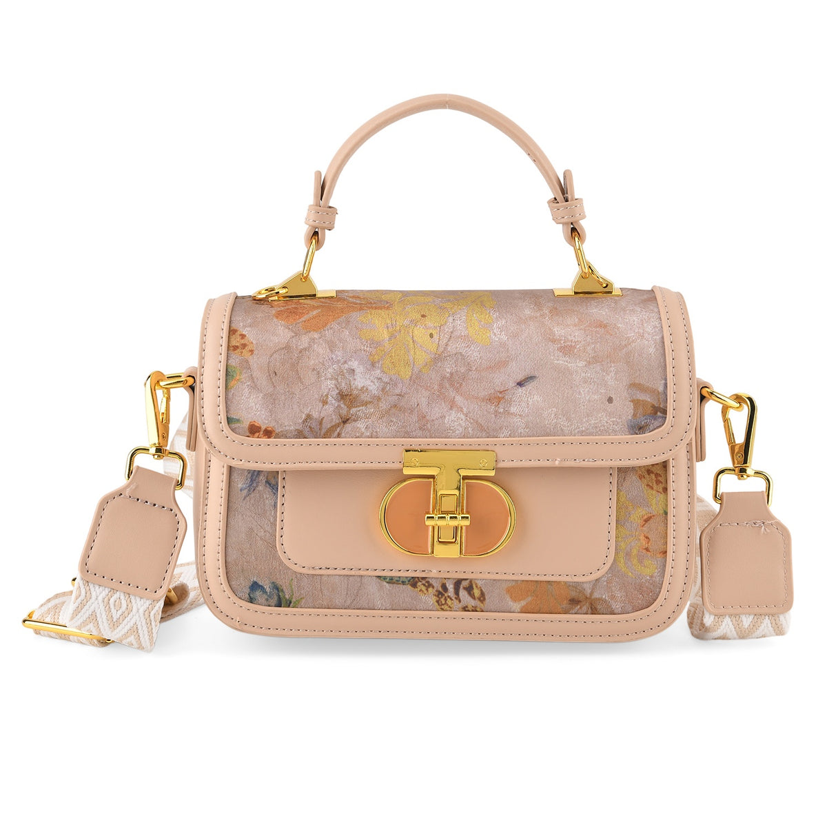 Designer Inspired Embroidered Floral Top-Handle Satchel with Adjustable Crossbody Strap - Peach V32604716 0