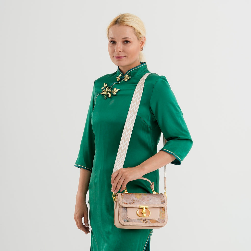 Designer Inspired Embroidered Floral Top-Handle Satchel with Adjustable Crossbody Strap - Peach_8502069_1