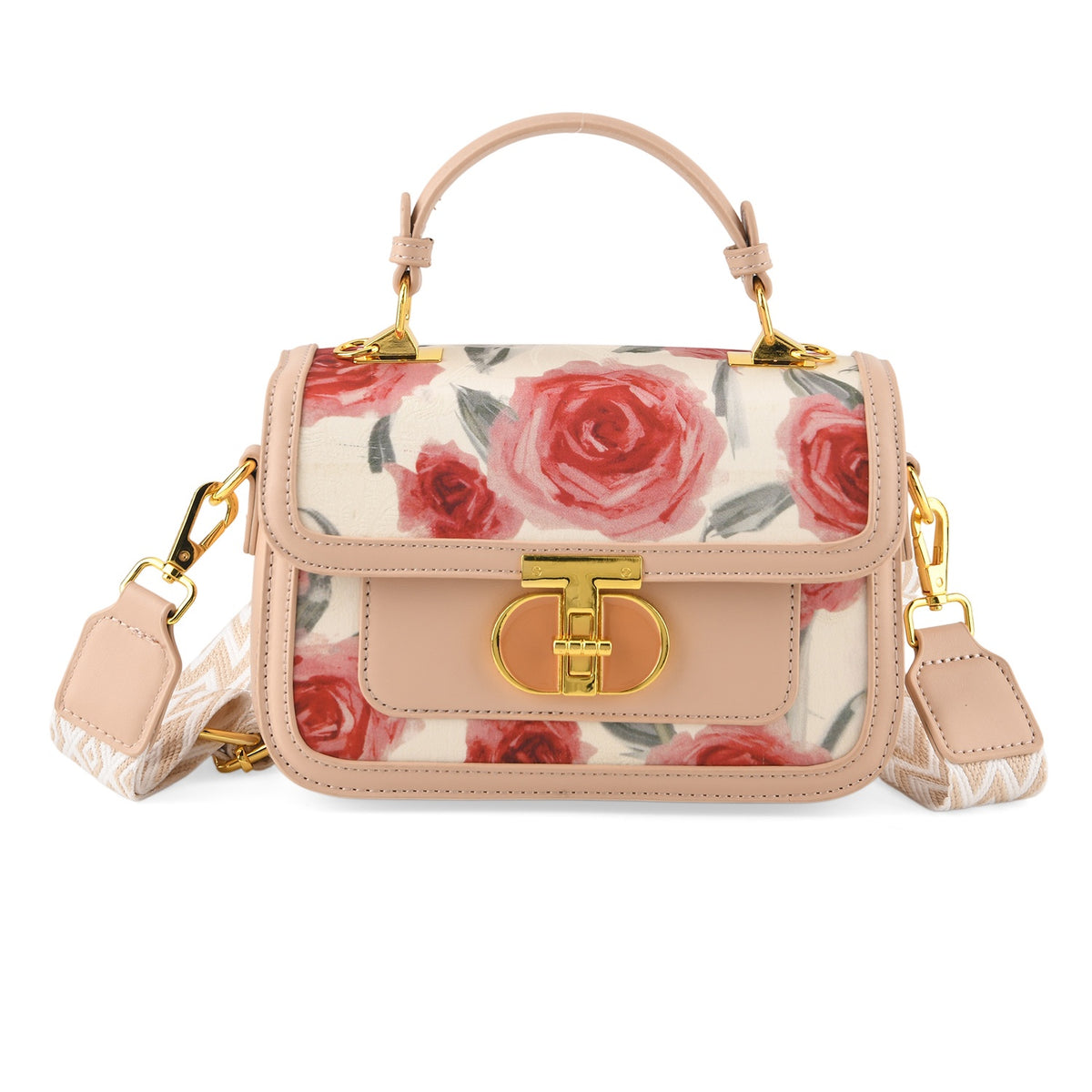 Designer Inspired Embroidered Floral Top-Handle Satchel with Adjustable Crossbody Strap - Nude &amp; Silver V32604429 0