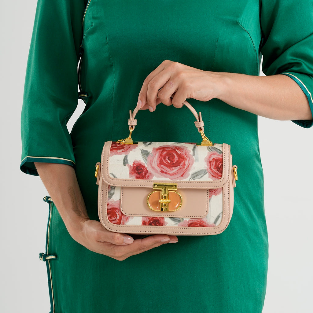 Designer Inspired Embroidered Floral Top-Handle Satchel with Adjustable Crossbody Strap - Nude & Silver_8502070_2