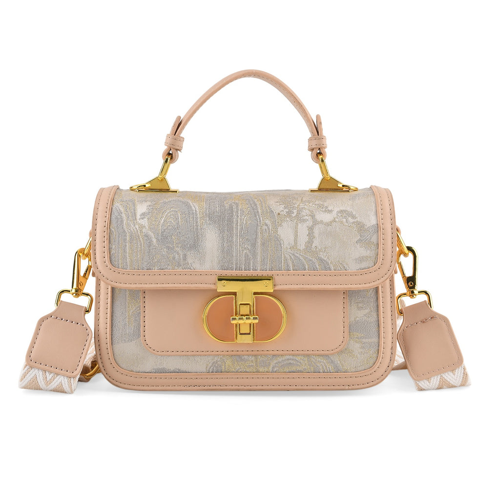 Designer Inspired Embroidered Floral Top-Handle Satchel with Adjustable Crossbody Strap - Nude and White_8502071