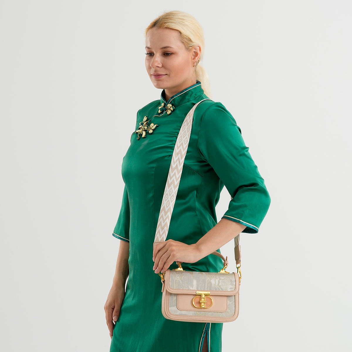 Designer Inspired Embroidered Floral Top-Handle Satchel with Adjustable Crossbody Strap - Nude and White V32604570 2