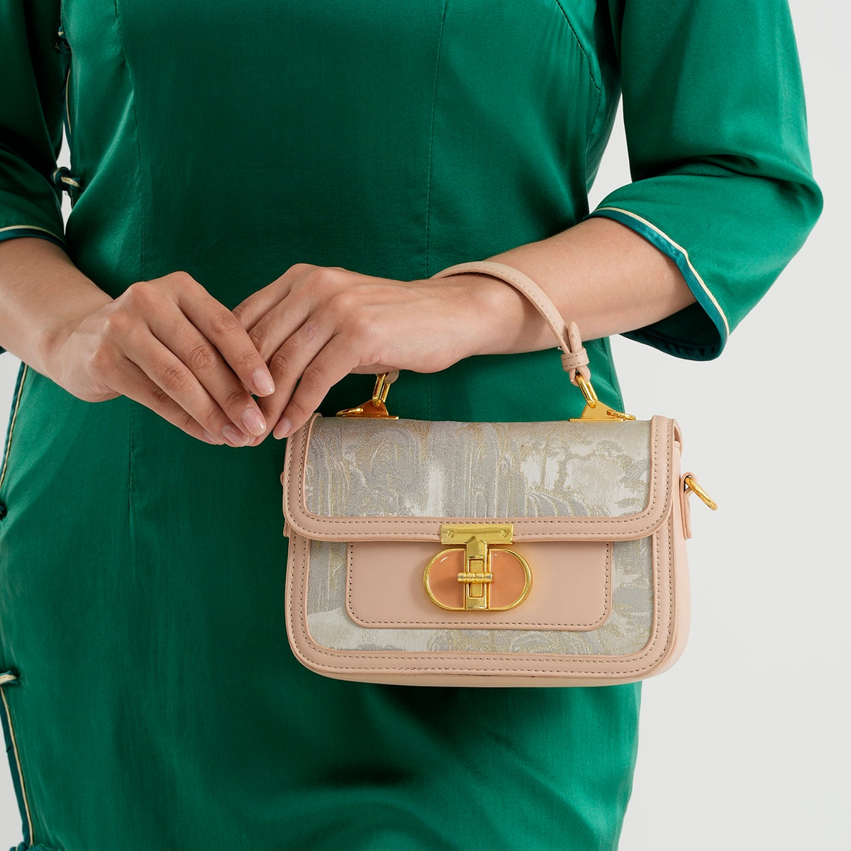 Designer Inspired Embroidered Floral Top-Handle Satchel with Adjustable Crossbody Strap - Nude and White V32604570 3
