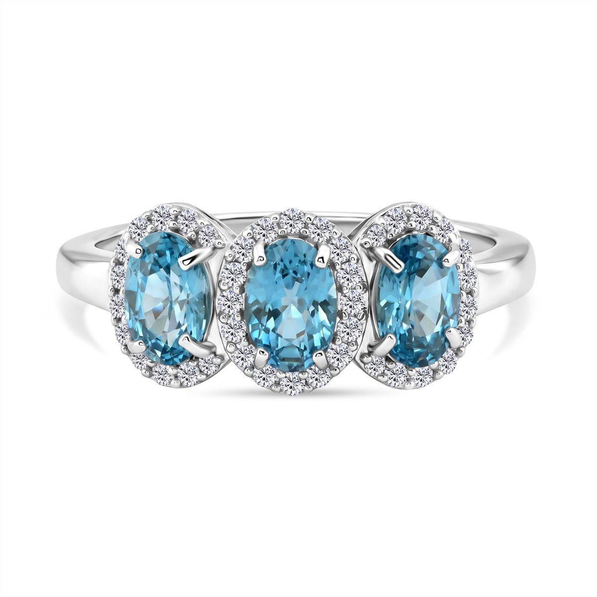 D'Joy Blue Zircon, White Zircon Trilogy Ring in Rhodium Overlay Sterling Silver 2.74 Ct. 8502110 0