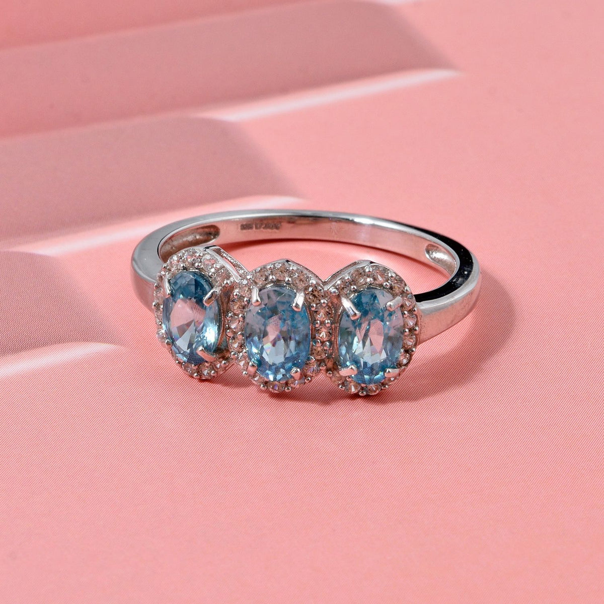 D'Joy Blue Zircon, White Zircon Trilogy Ring in Rhodium Overlay Sterling Silver 2.74 Ct. 8502110 2