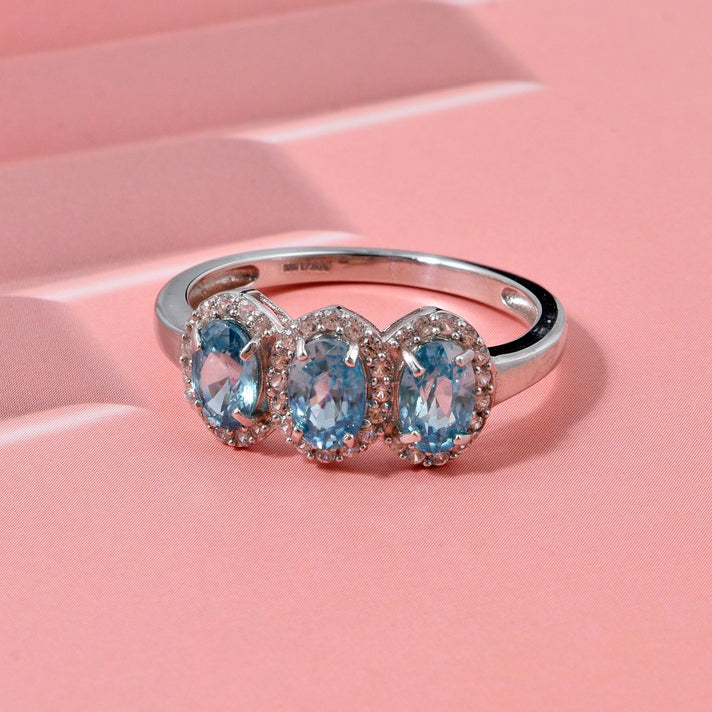 D'Joy Blue Zircon, White Zircon Trilogy Ring in Rhodium Overlay Sterling Silver 2.74 Ct. 8502110 2