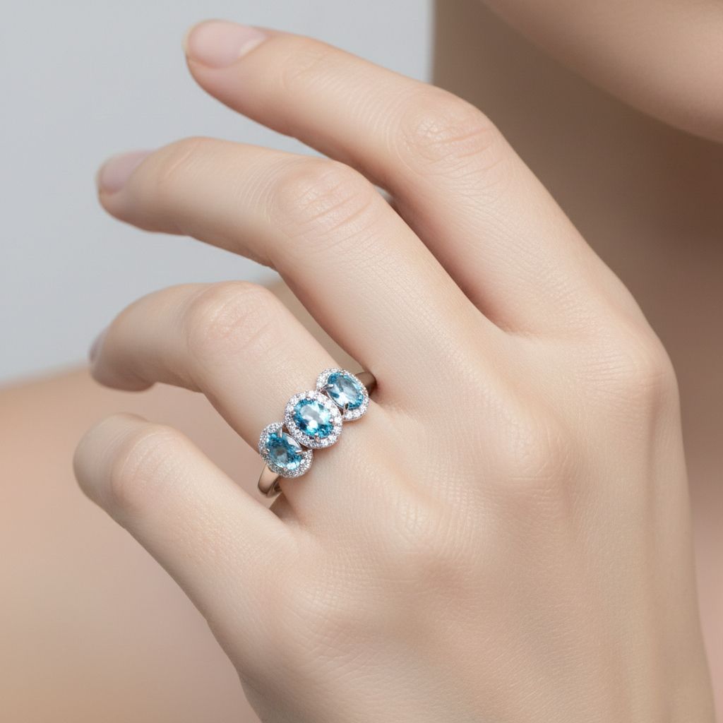 D'Joy - Ratanakiri Blue Zircon & White Zircon Trilogy Halo Ring in Rhodium Overlay Sterling Silver 2.74 Ct._8502110_2
