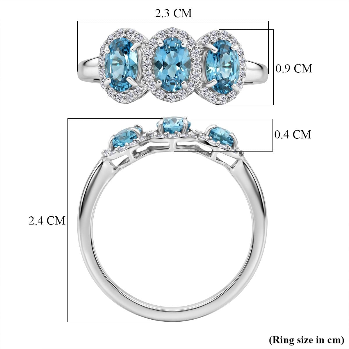 D'Joy Blue Zircon, White Zircon Trilogy Ring in Rhodium Overlay Sterling Silver 2.74 Ct. 8502110 6