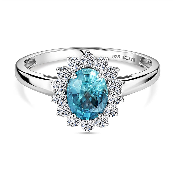 Ratanakiri Blue Zircon (Oval 2.00 Cts) and Lab Grown Diamond ( 0.50 Cts) Halo Ring in Rhodium Overlay Sterling Silver 2.50 Ct. 8502116 1