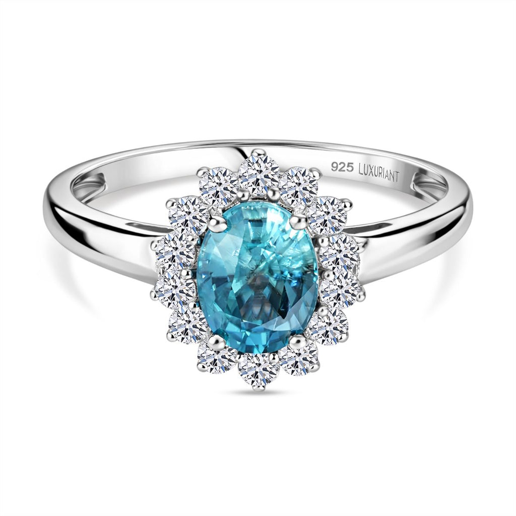 Ratanakiri AAA Blue Zircon (Oval 2.00 Cts) and Lab Grown Diamond ( 0.50 Cts) Ring in Rhodium Overlay Sterling Silver 2.50 Ct._8502117