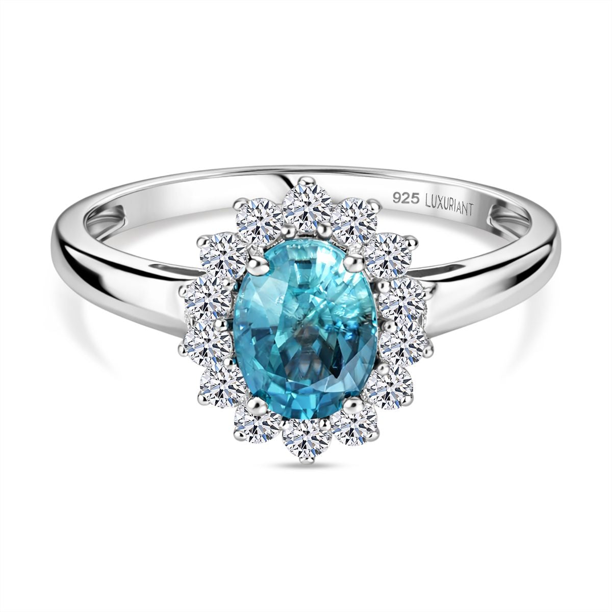 LUXURIANT 2.5 Ct. AAA Ratanakiri Blue Zircon,  Lab Grown Diamond Halo Ring in Rhodium Overlay Sterling Silver 8502117 0