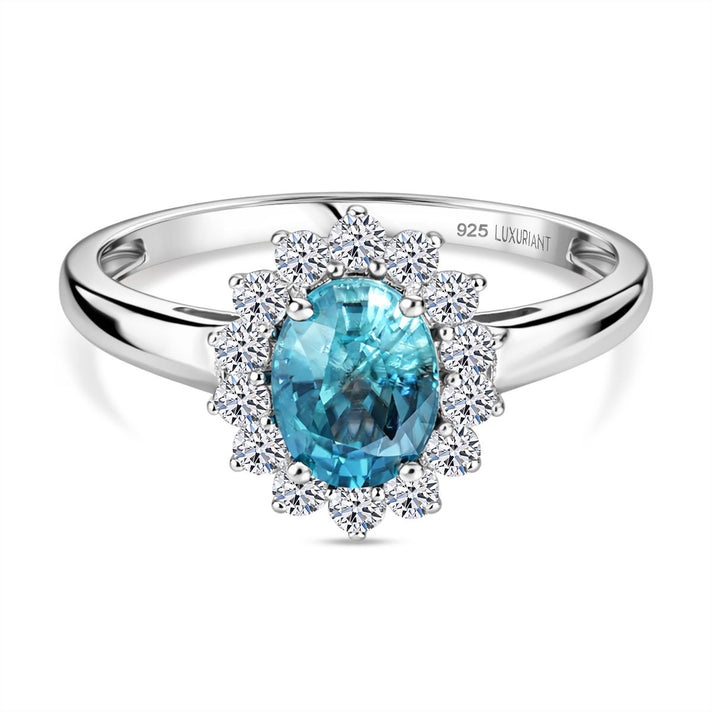 LUXURIANT 2.5 Ct. AAA Ratanakiri Blue Zircon,  Lab Grown Diamond Halo Ring in Rhodium Overlay Sterling Silver 8502117 1