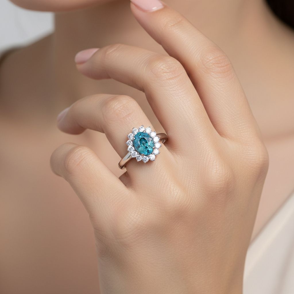 LUXURIANT 2.5 Ct. AAA Ratanakiri Blue Zircon,  Lab Grown Diamond Halo Ring in Rhodium Overlay Sterling Silver 8502117 2