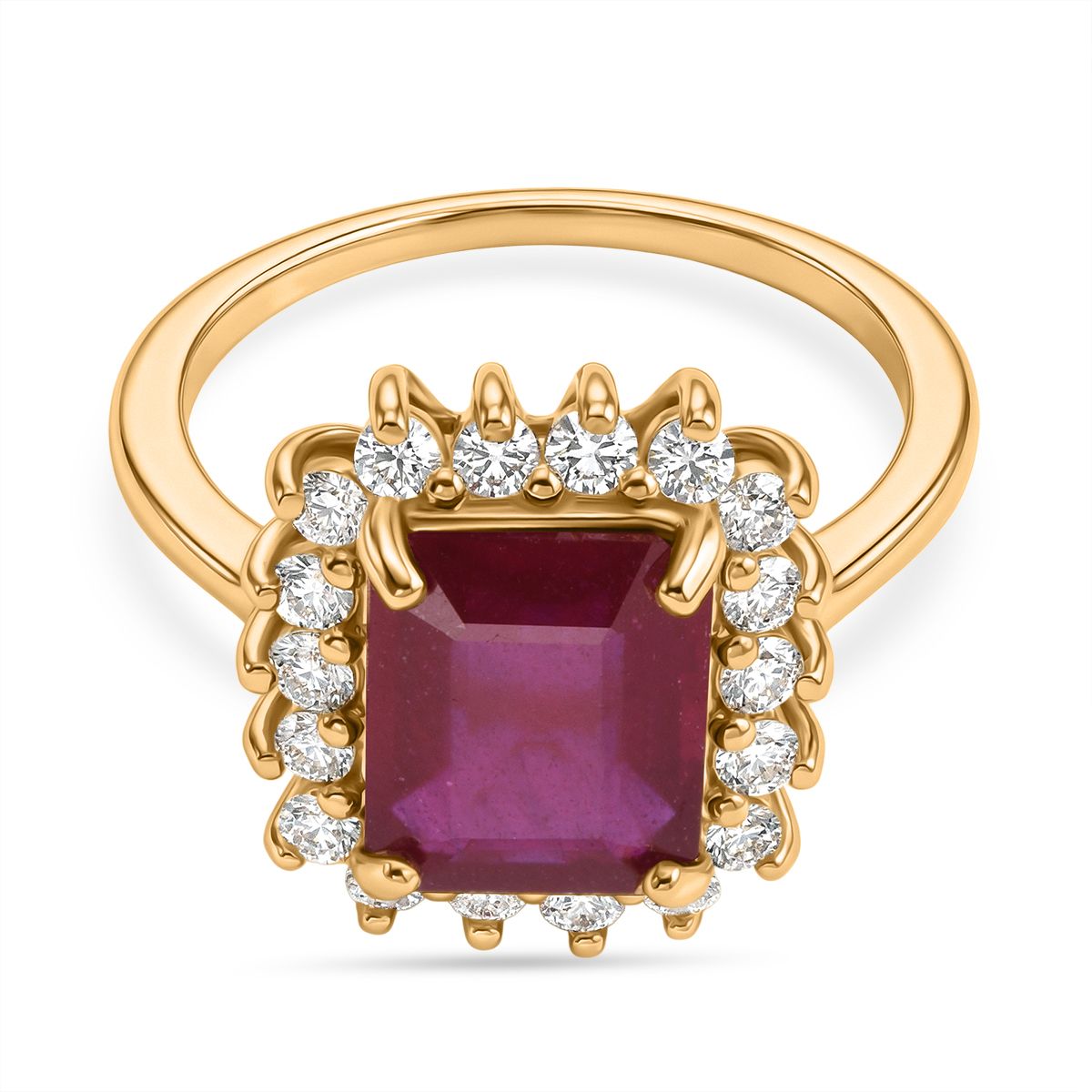 D'Joy Premier African Ruby, Lab Grown Diamond Emerald Cut Halo Ring in 18K Vermeil Yellow Gold Plated Sterling Silver 5.20 Ct. (SI-GH) V32526077 0