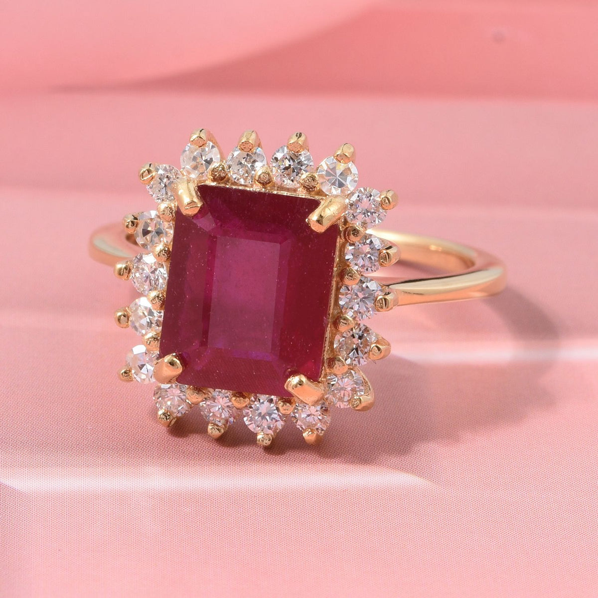 D'Joy Premier African Ruby, Lab Grown Diamond Emerald Cut Halo Ring in 18K Vermeil Yellow Gold Plated Sterling Silver 5.20 Ct. (SI-GH) V32526077 3