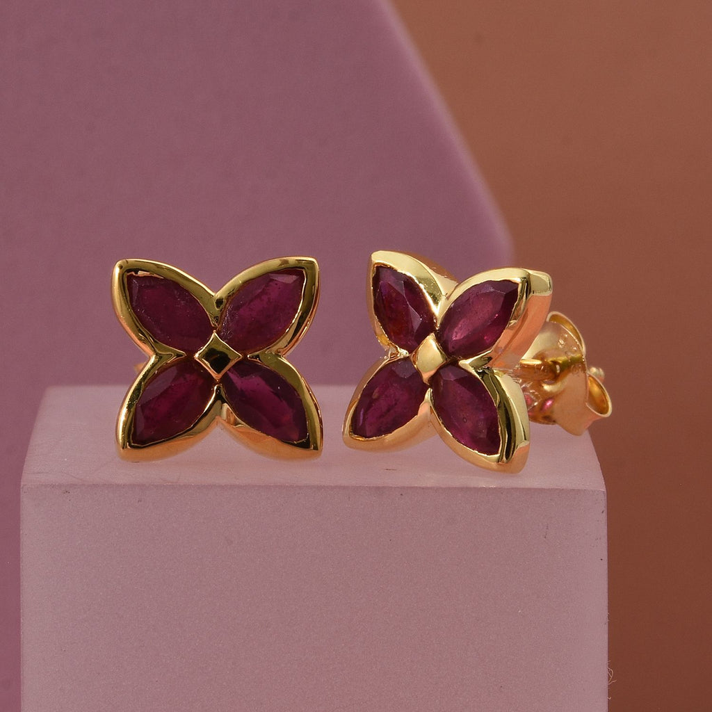 D'Joy African Ruby Floral Push Post Earring in Yellow Gold Plated Sterling Silver 1.84 Ct._8502442_2