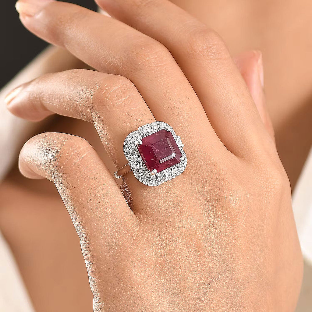 D'Joy Niassa Ruby, Moissanite Main Stone With Side Stone Ring in Rhodium OverlaySterling Silver  10.340  Ct._8502601_1