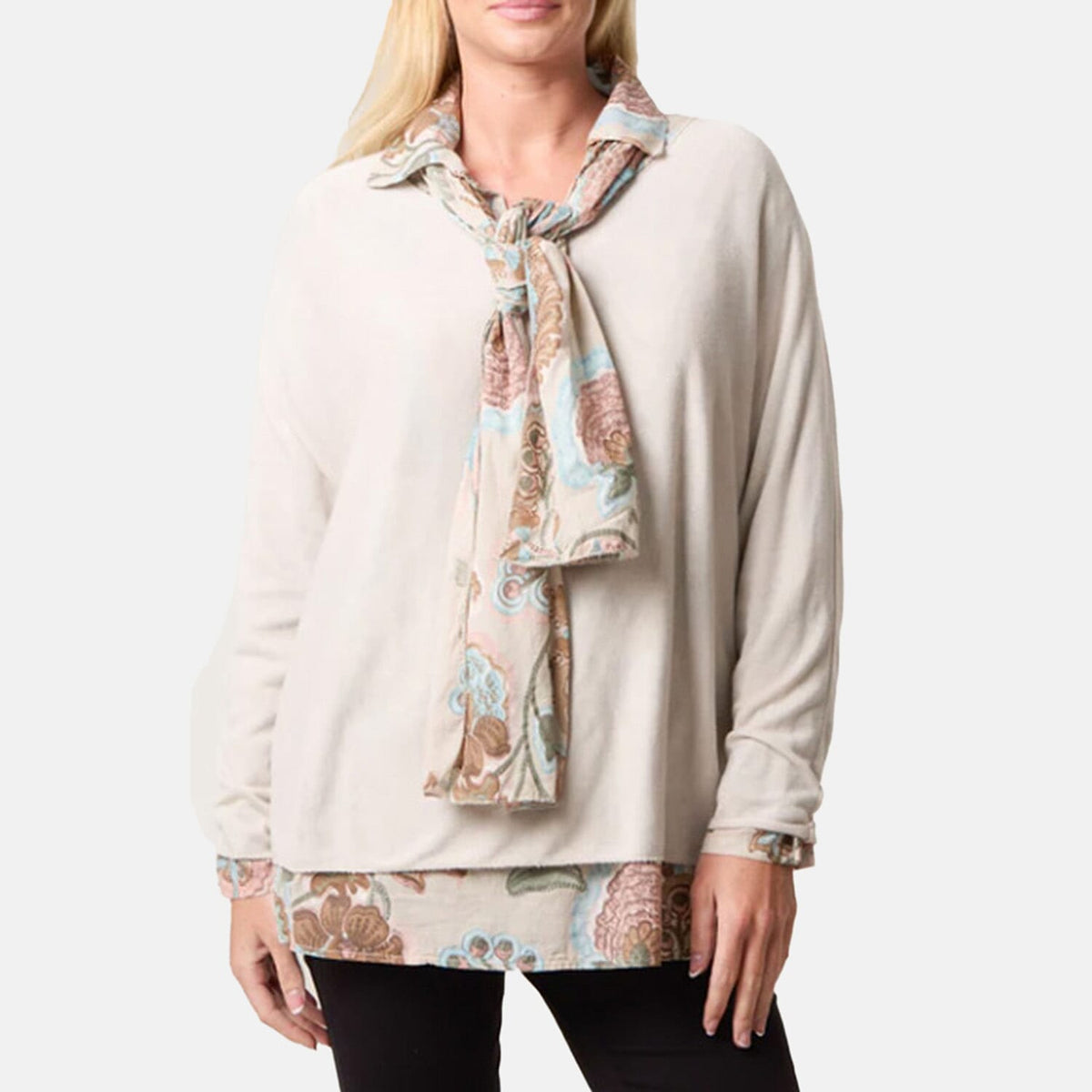 Misumi 100% Cotton Double Layer Blouse With Matching Scarf (One Size, Fit  8 To 18 - Stone 8502660 0