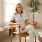 Beaumonde Ladies Short Sleeve Polo With Woven Floral Print Collar (Size S, 8 to 10) - White_8502668_2
