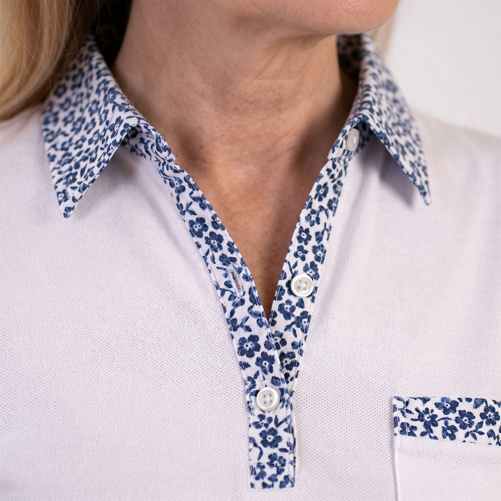 Beaumonde Ladies Short Sleeve Polo With Woven Floral Print Collar (Size S, 8 to 10) - White_8502668_3