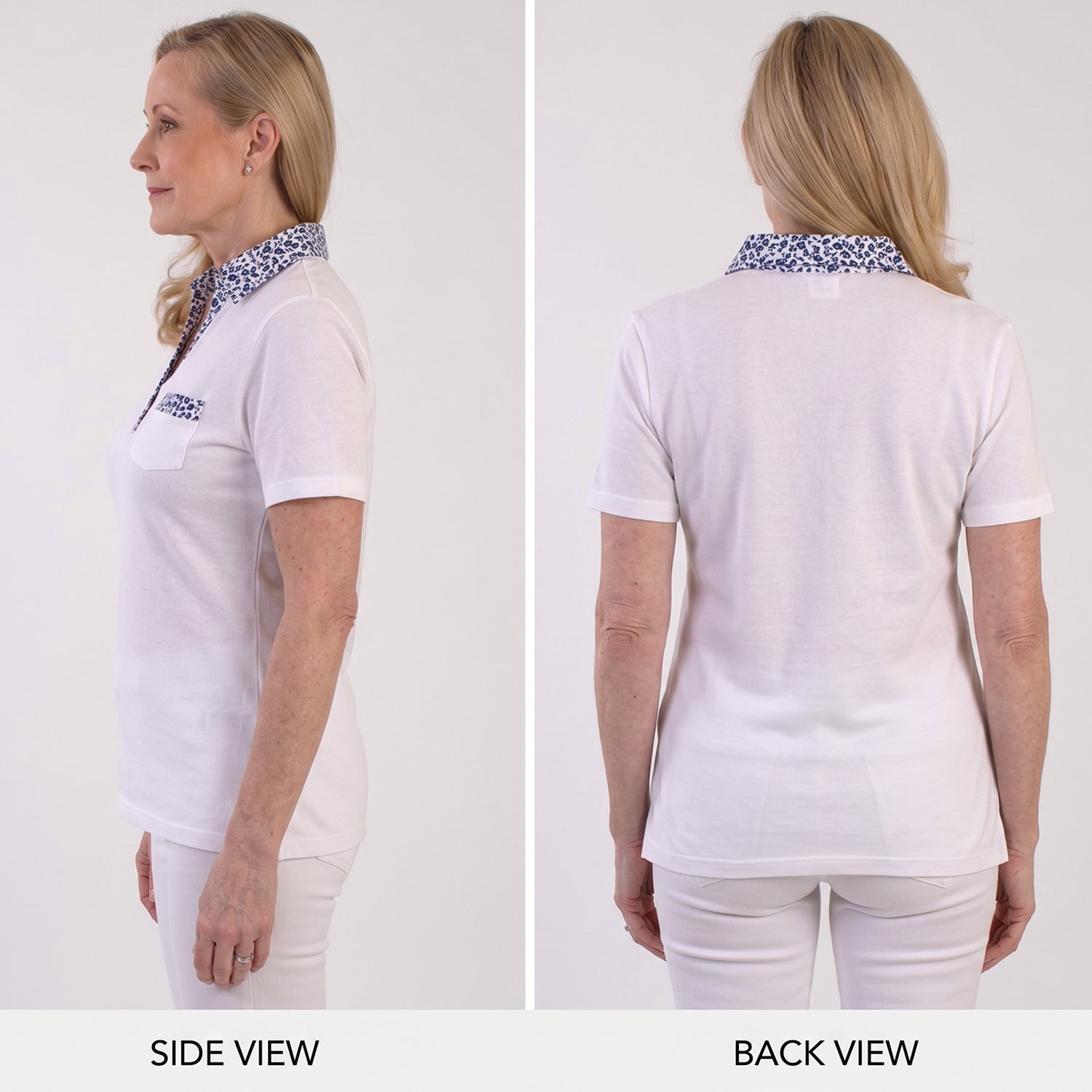 Beaumonde Ladies Short Sleeve Polo With Woven Floral Print Collar (Size S, 8 to 10) - White V32526803 4